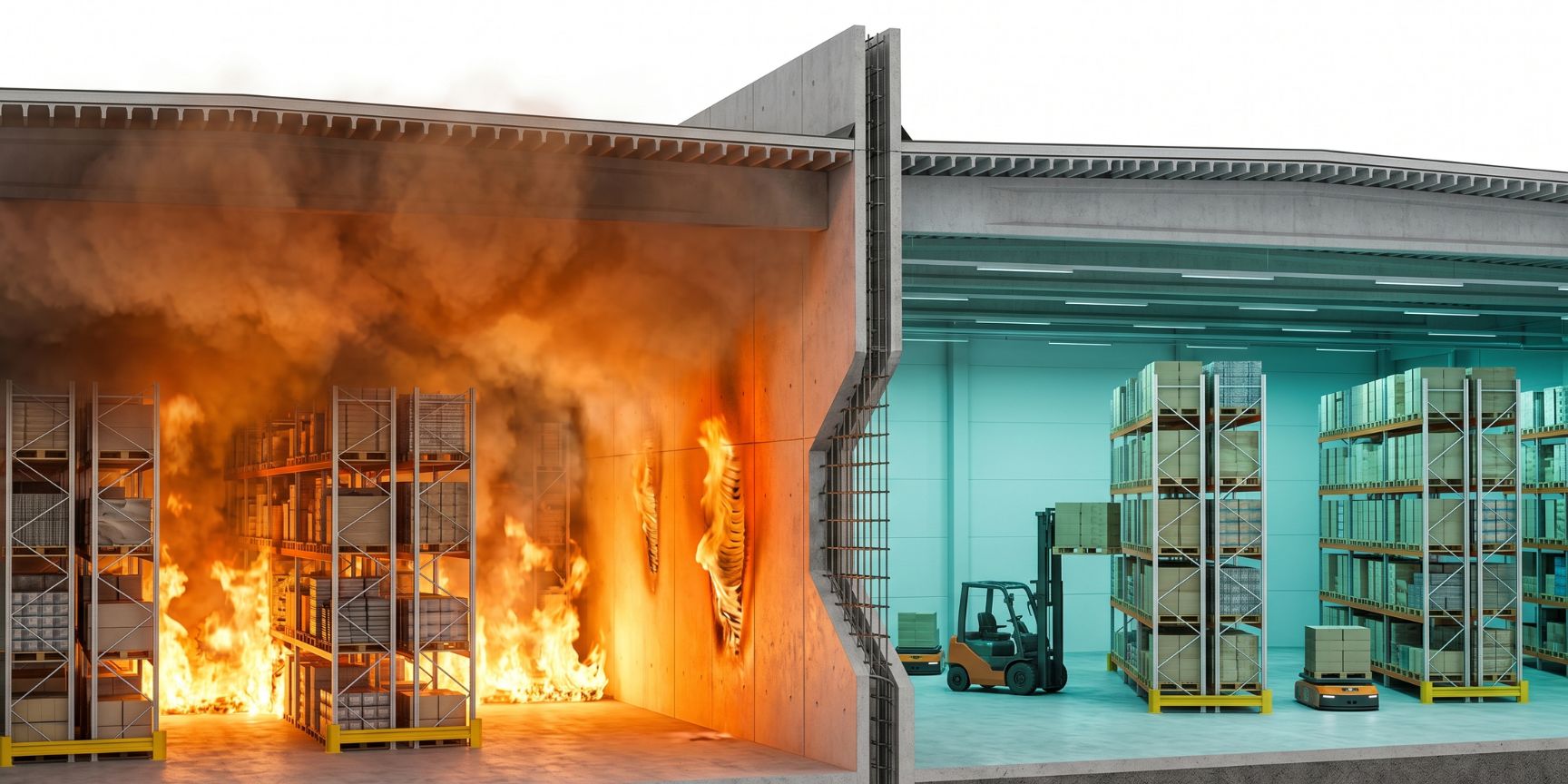 Technischer Querschnitt einer Logistikhalle mit massiver Brandwand: Ein loderndes Feuer links wird vollständig isoliert, während rechts der kühle Lagerbetrieb mit Regalen und Gabelstaplern sicher weiterläuft. F90-Schutz visualisiert. Kein Text.